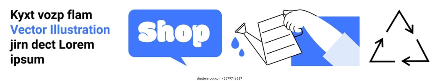 Shop text in speech bubble and hand holding document with water droplets near recycling symbol. Ideal for online shopping, eco-friendly stores, sustainability, recycling awareness, and e-commerce