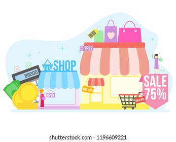 Shop Tiny Set People Concept Wallpaper Banner Flat Illustration Vector