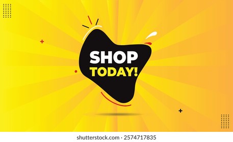 Shop today! EPS format editable banner template with bold yellow and white font. Features black gradient shapes and a hot yellow-orange abstract background for an eye-catching design.