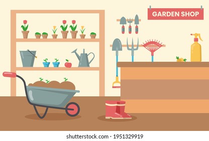 Shop with tools for garden. Gardening equipment, shovel, rake, bucket, watering can, spade, flowers in pots, wheelbarrow with ground cartoon vector illustration. Gardening, hobby, agriculture concept