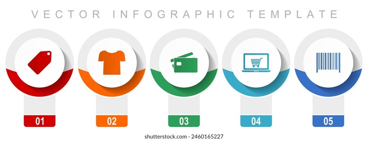 Shop and trade icon set, miscellaneous vector icons such as ticket, shirt, credit card, laptop and bar code, modern design infographic template, web buttons in 5 color options