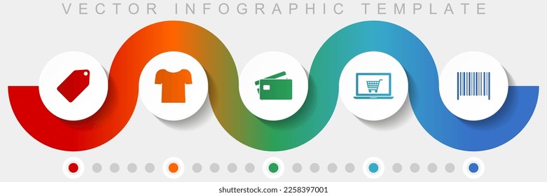 Shop and trade infographic vector template with icon set, miscellaneous icons such as ticket, shirt, credit card, laptop and bar code for webdesign and mobile applications