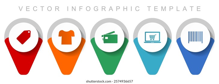 Shop and trade pointer collection, miscellaneous icons such as ticket, shirt, credit card, laptop and bar code, flat design vector infographic template in eps 10