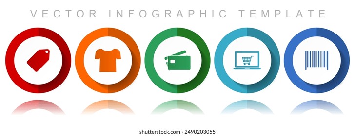 Shop and trade vector icon collection, miscellaneous icons such as ticket, shirt, credit card, laptop and bar code, flat design infographic template in eps 10