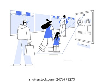 Shop traffic analysis isolated cartoon vector illustrations. Group of diverse people shopping, smart retail, AI technology, analyzing traffic in retail store, scanning process vector cartoon.