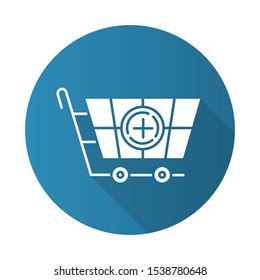 Shop trolley blue flat design long shadow glyph icon. Adding products to basket. Shopping equipment for buying goods. Merchandise and consumerism. Ordering service. Vector silhouette illustration
