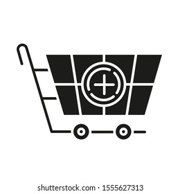 Shop trolley glyph icon. Adding products to basket. Shopping equipment for buying goods. Merchandise and consumerism. Ordering service. Silhouette symbol. Negative space. Vector isolated illustration