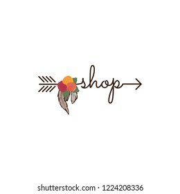 shop, typography as a part of arrow with feathers and colorful roses