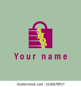 Shop typography with shopping bags, store logo design concept.