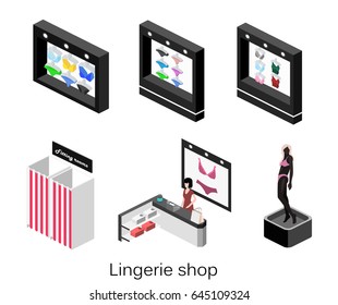 Shop of underwear. Isometric flat 3D isolated concept vector cutaway interior lingerie store