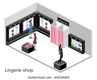Shop of underwear. Isometric flat 3D isolated concept vector cutaway interior lingerie store