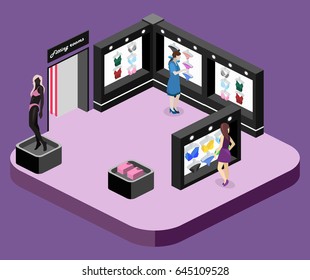 Shop of underwear. Isometric flat 3D isolated concept vector cutaway interior lingerie store