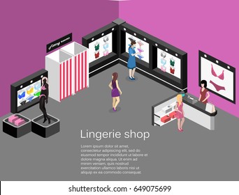 Shop of underwear. Isometric flat 3D isolated concept vector cutaway interior of a lingerie store