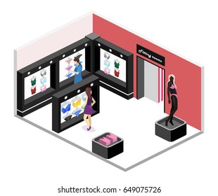 Shop of underwear. Isometric flat 3D isolated concept vector cutaway of a interior lingerie store
