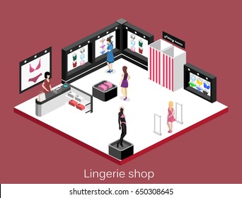 Shop of underwear. Isometric flat 3D isolated concept vector cutaway interior lingerie store