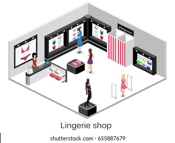 Shop of underwear. Isometric flat 3D isolated concept vector cutaway interior lingerie store