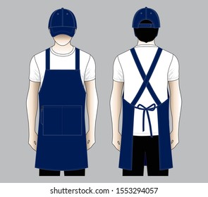 Shop uniform with navy blue apron and baseball cap design on gray background.Front and back view.