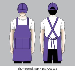 Shop uniform with purple apron and baseball cap design on gray background.Front and back view.