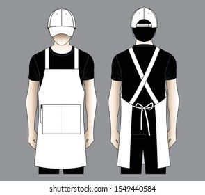 Shop uniform with white apron and baseball cap design on gray background.Front and back view.