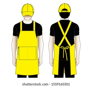 Shop uniform with yellow apron and baseball cap design on white background.Front and back view.