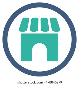Shop vector bicolor rounded icon. Image style is a flat icon symbol inside a circle, cobalt and cyan colors, white background.