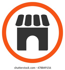Shop vector bicolor rounded icon. Image style is a flat icon symbol inside a circle, orange and gray colors, white background.