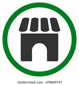 Shop vector bicolor rounded icon. Image style is a flat icon symbol inside a circle, green and gray colors, white background.