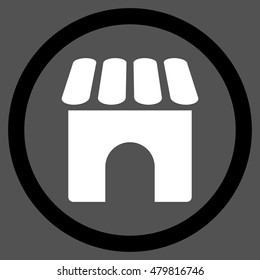 Shop vector bicolor rounded icon. Image style is a flat icon symbol inside a circle, black and white colors, gray background.