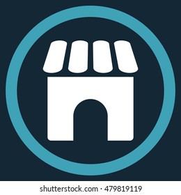 Shop vector bicolor rounded icon. Image style is a flat icon symbol inside a circle, blue and white colors, dark blue background.