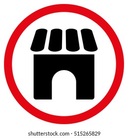 Shop vector bicolor rounded icon. Image style is a flat icon symbol inside a circle, intensive red and black colors, white background.