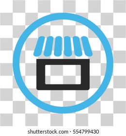 Shop vector bicolor rounded icon. Image style is a flat icon symbol inside a circle, blue and gray colors, transparent background.