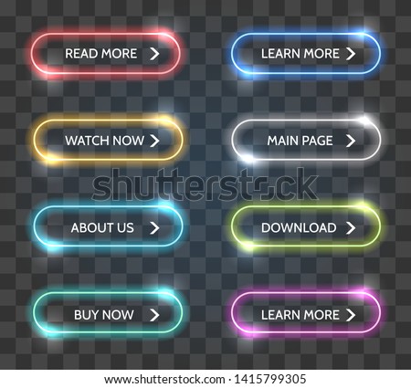 Shop vector glow buttons. Neon glowing buy now and learn more, download and read more labels, web button set for shopping