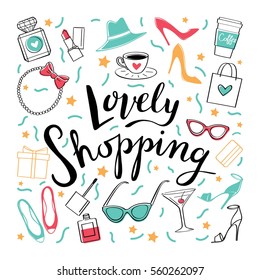 To shop. Vector hand drawn illustration. Fashionable accessories.