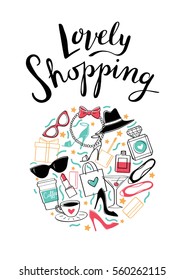 To shop. Vector hand drawn illustration. Fashionable accessories.