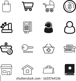 shop vector icon set such as: transaction, object, marketing, facade, client, pram, front, catalog, pay, phone, terminal, users, portrait, buggy, education, cafe, help, service, estate, safety, tax