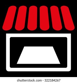 Shop vector icon. Style is bicolor flat symbol, red and white colors, rounded angles, black background.