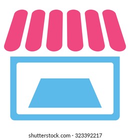 Shop vector icon. Style is bicolor flat symbol, pink and blue colors, rounded angles, white background.