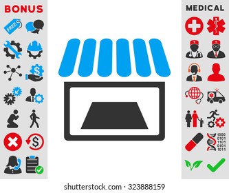 Shop vector icon. Style is bicolor flat symbol, blue and gray colors, rounded angles, white background.