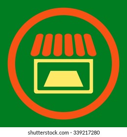 Shop vector icon. Style is bicolor flat rounded symbol, orange and yellow colors, rounded angles, green background.