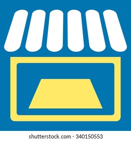 Shop vector icon. Style is bicolor flat symbol, yellow and white colors, rounded angles, blue background.