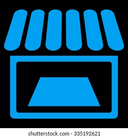 Shop vector icon. Style is flat symbol, blue color, rounded angles, black background.