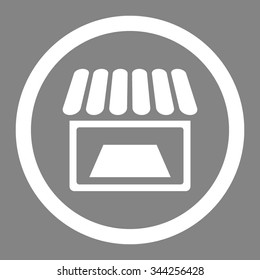 Shop vector icon. Style is flat rounded symbol, white color, rounded angles, gray background.