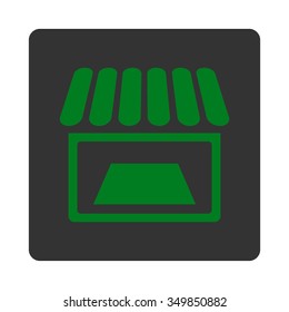 Shop vector icon. Style is flat rounded square button, green and gray colors, white background.