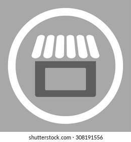 Shop vector icon. This flat rounded symbol uses dark gray and white colors and isolated on a silver background.