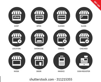 Shop vector icons set. Shopping and consumerism concept. Icons for banners and ads, shop, store, showcase, open, invoice, kiosk, cash, register, closed. Isolated on white background