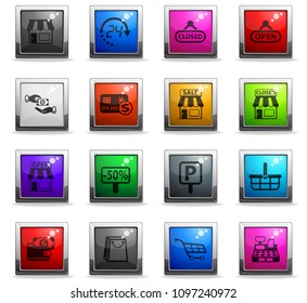 shop vector icons in square colored buttons in square colored buttons