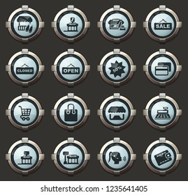 Shop vector icons in the stylish round buttons for mobile applications and web