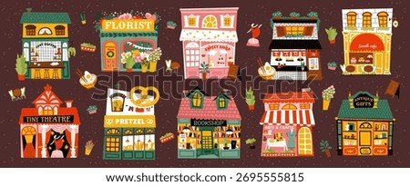 Shop. Vector illustration of cute storefronts: coffee shop, bakery, florist, ramen bar,  bookshop, theater and boutique. Whimsical small-town street design in cozy cartoon style for icons and print.