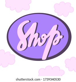 Compra. Ilustraciones vectoriales sobre fondo blanco con letras de dibujos animados. Pegatina para el contenido de los medios sociales. Estilo cómico de arte pop.