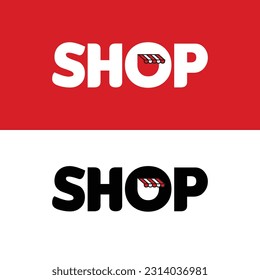 shop vector logo illustration, with canopy icon in letter O, isolated on red and white background
